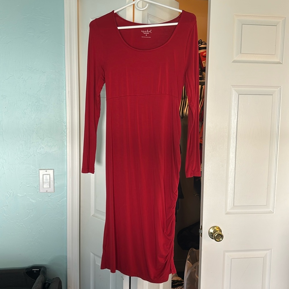 Maternity red scrunch long sleeve dress. Size SMALL